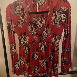 Red floral Free People blouse.